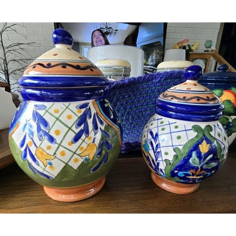 s/2 VTG Maxcera Talavera Pottery Ginger Jars blue Mexican Style hand painted
